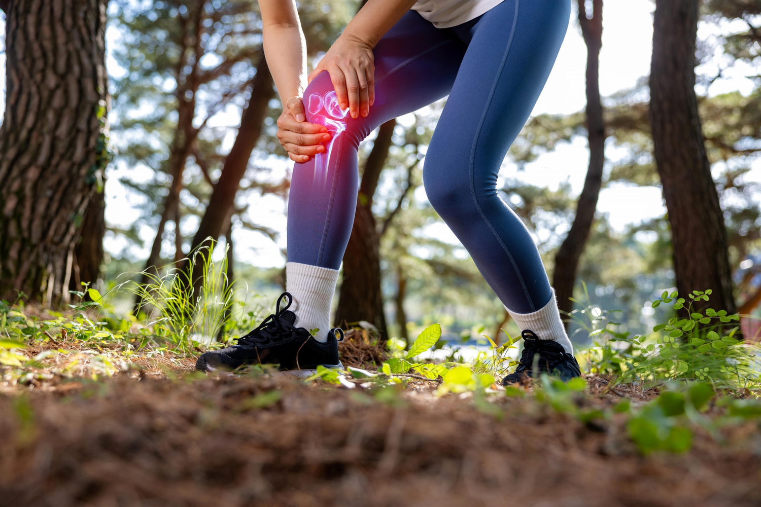 Person in athletic wear holding knee in a forest setting