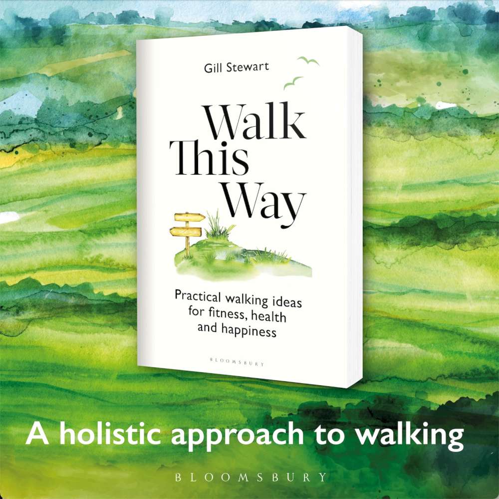 Book cover of 'Walk This Way' by Gill Stewart on a green landscape background